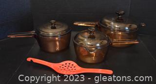 Corning Ware Visions Amber Sauce Pans/with Lids and Hutzler Boil Over Stopper 
